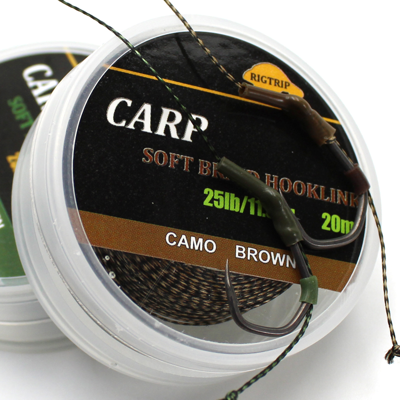 20m Camo Brown Soft Braided Carp Fishing Line Hair Carp Rig Fishing Tackle UnCoated Hooklink  15LB 20LB 25LB